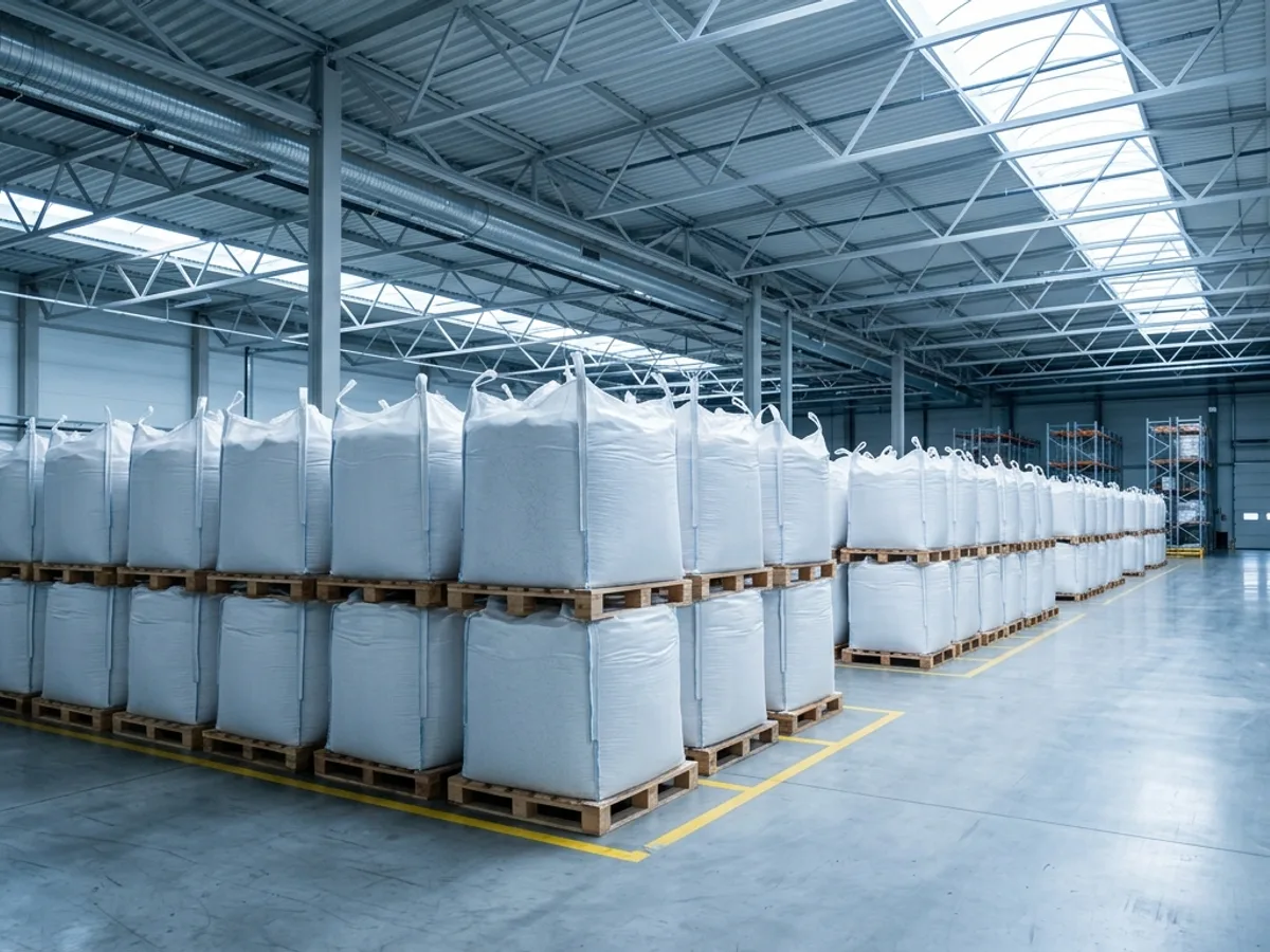 Big bags of polymer resin stored in a warehouse